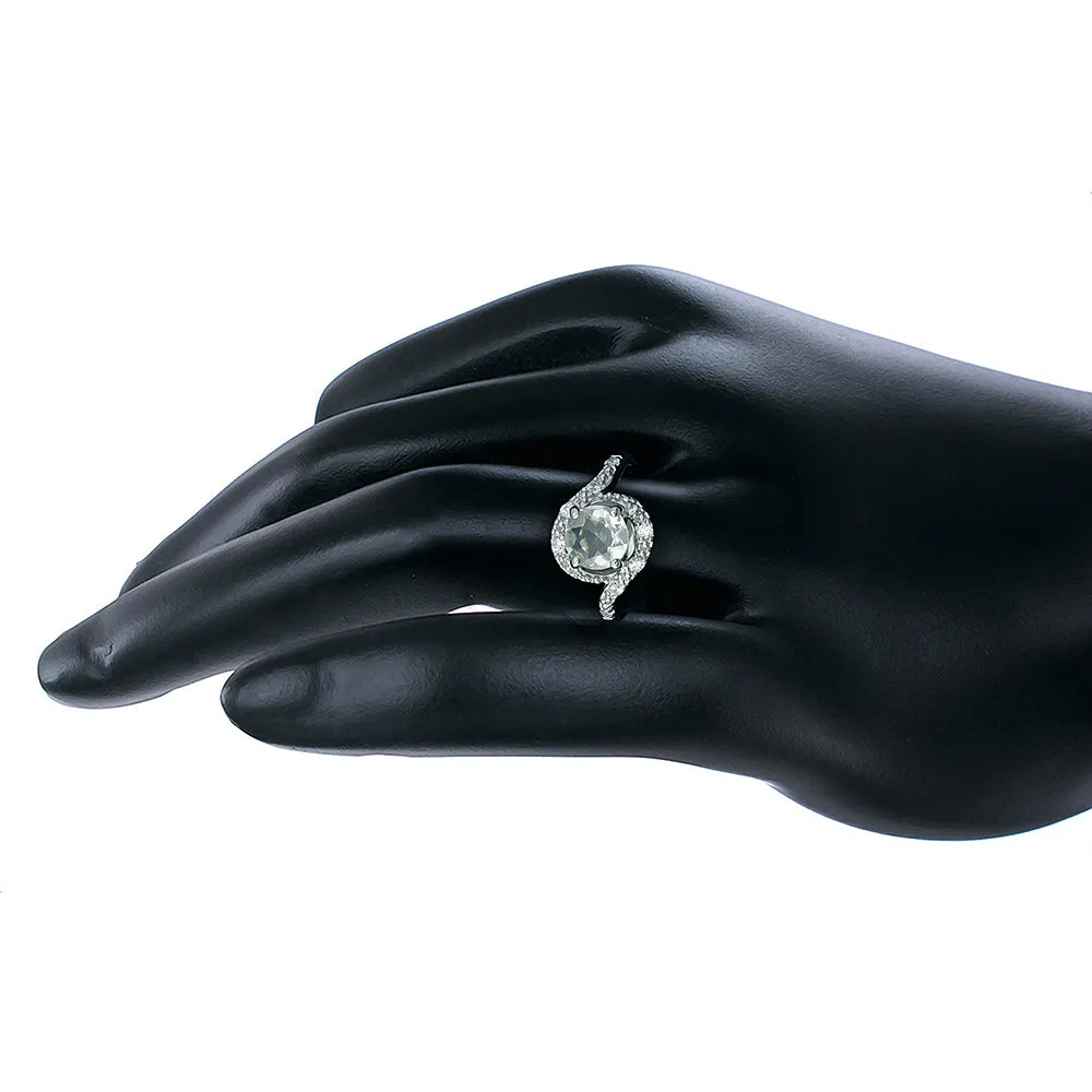 0.80 cttw Green Amethyst Ring .925 Sterling Silver with Rhodium Round Shape 7 MM