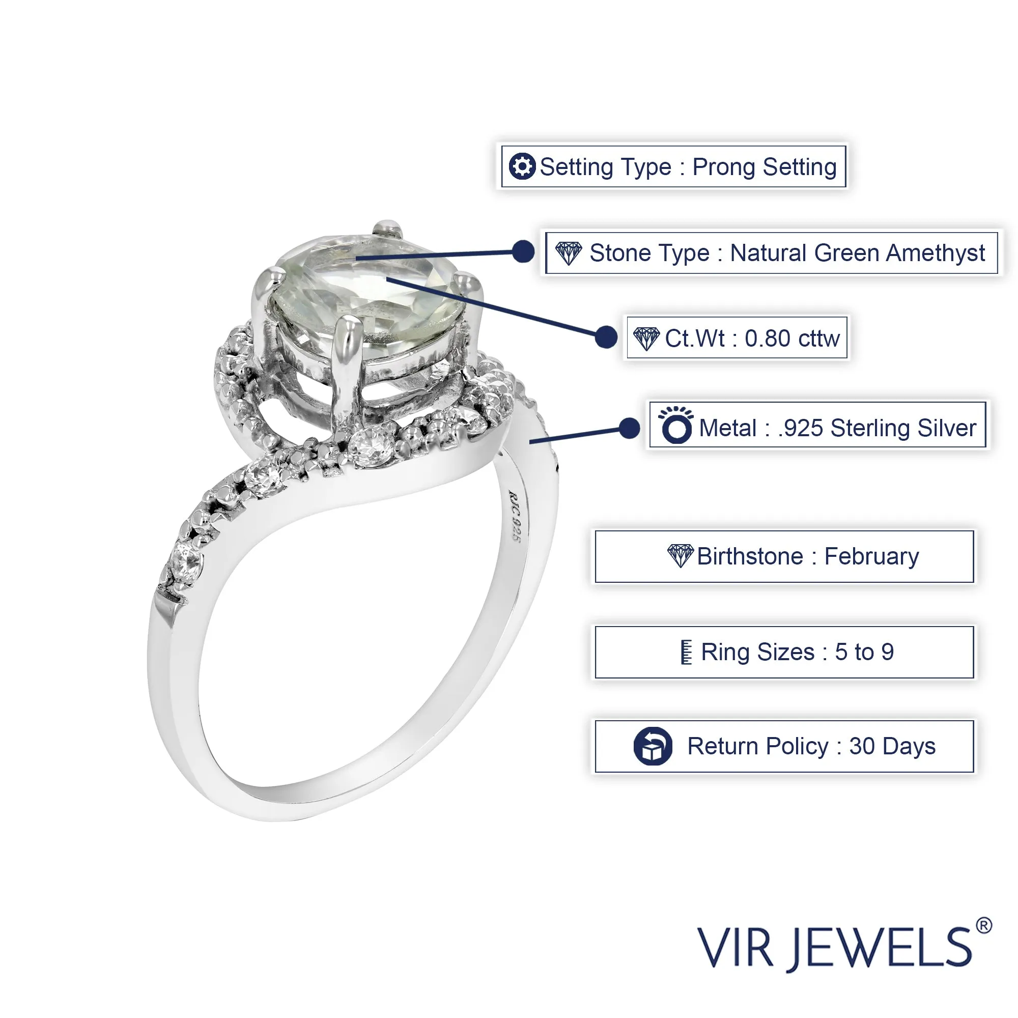 0.80 cttw Green Amethyst Ring .925 Sterling Silver with Rhodium Round Shape 7 MM