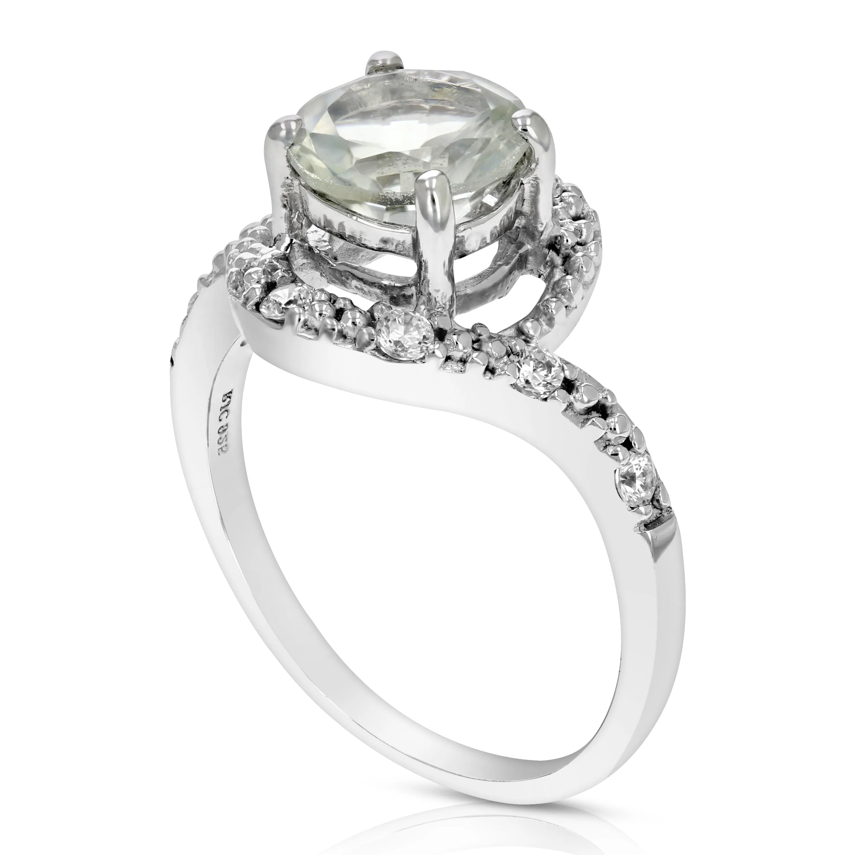 0.80 cttw Green Amethyst Ring .925 Sterling Silver with Rhodium Round Shape 7 MM
