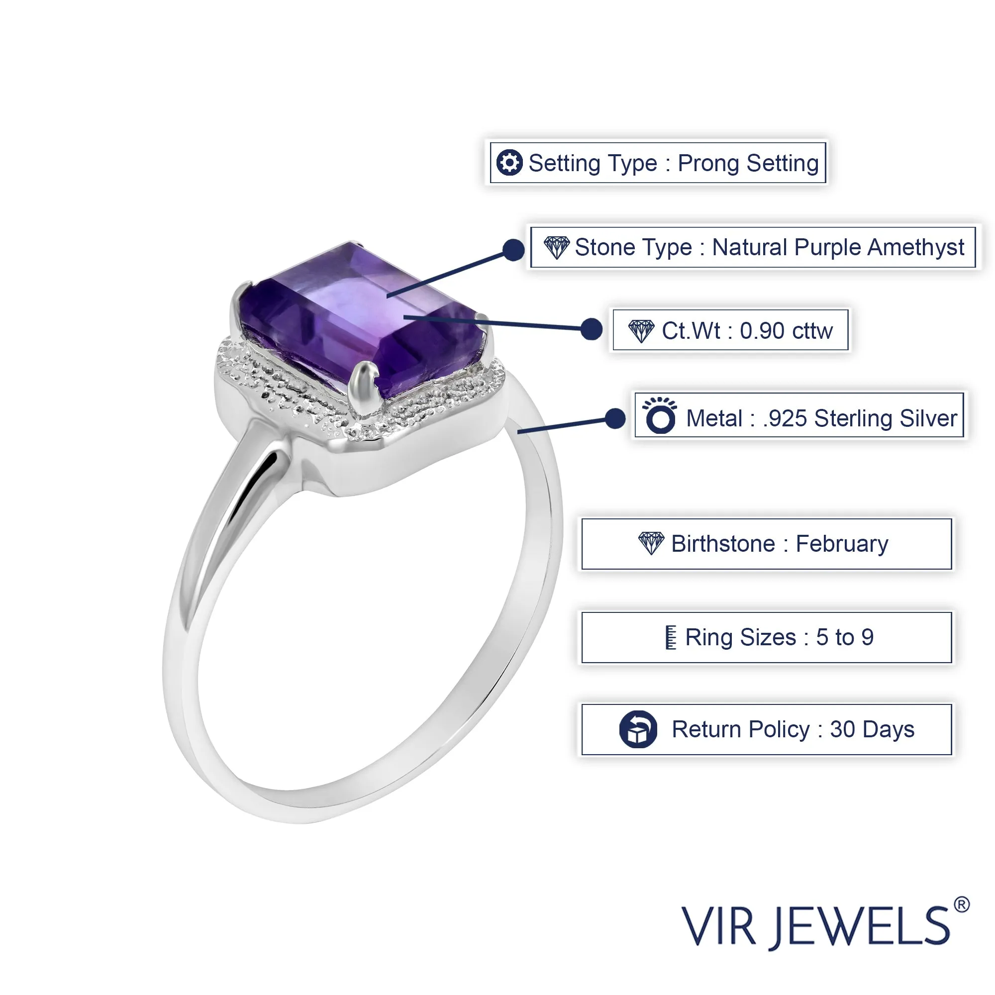 0.90 cttw Purple Amethyst Ring .925 Sterling Silver with Rhodium Emerald 8x6 MM