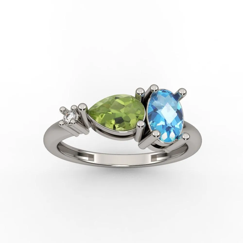 10k White Gold Blue Topaz, Peridot and Diamond Ring