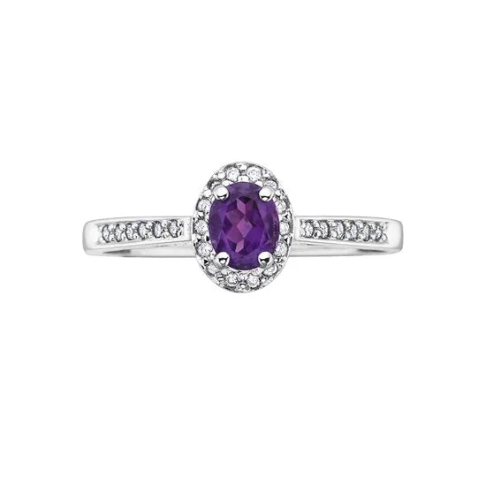 10K White Gold (February) Birthstone Amethyst and Diamond Halo Ring