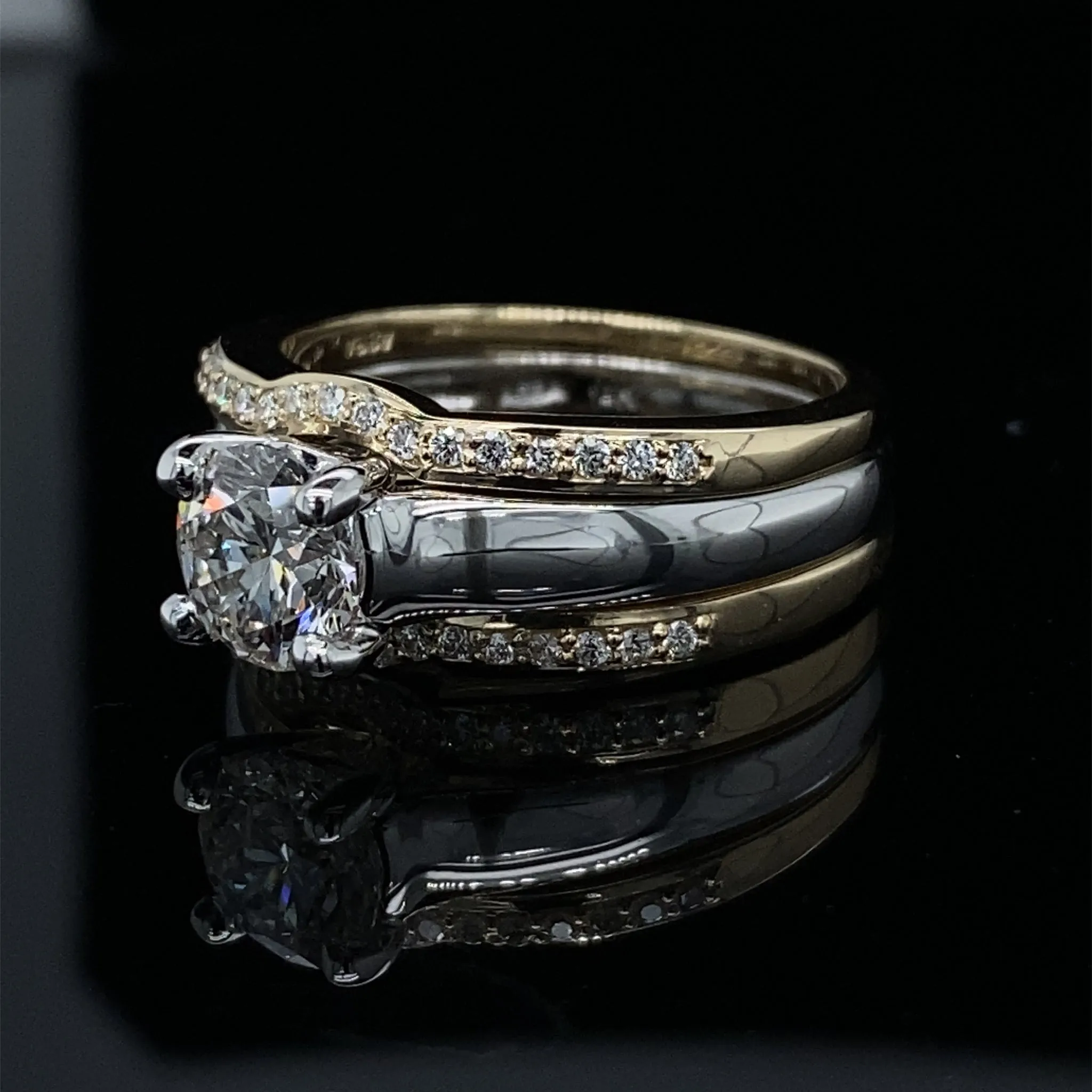 1.15ct / 1.39TDW Double Bands 3 Piece Two Tone Wedding Set
