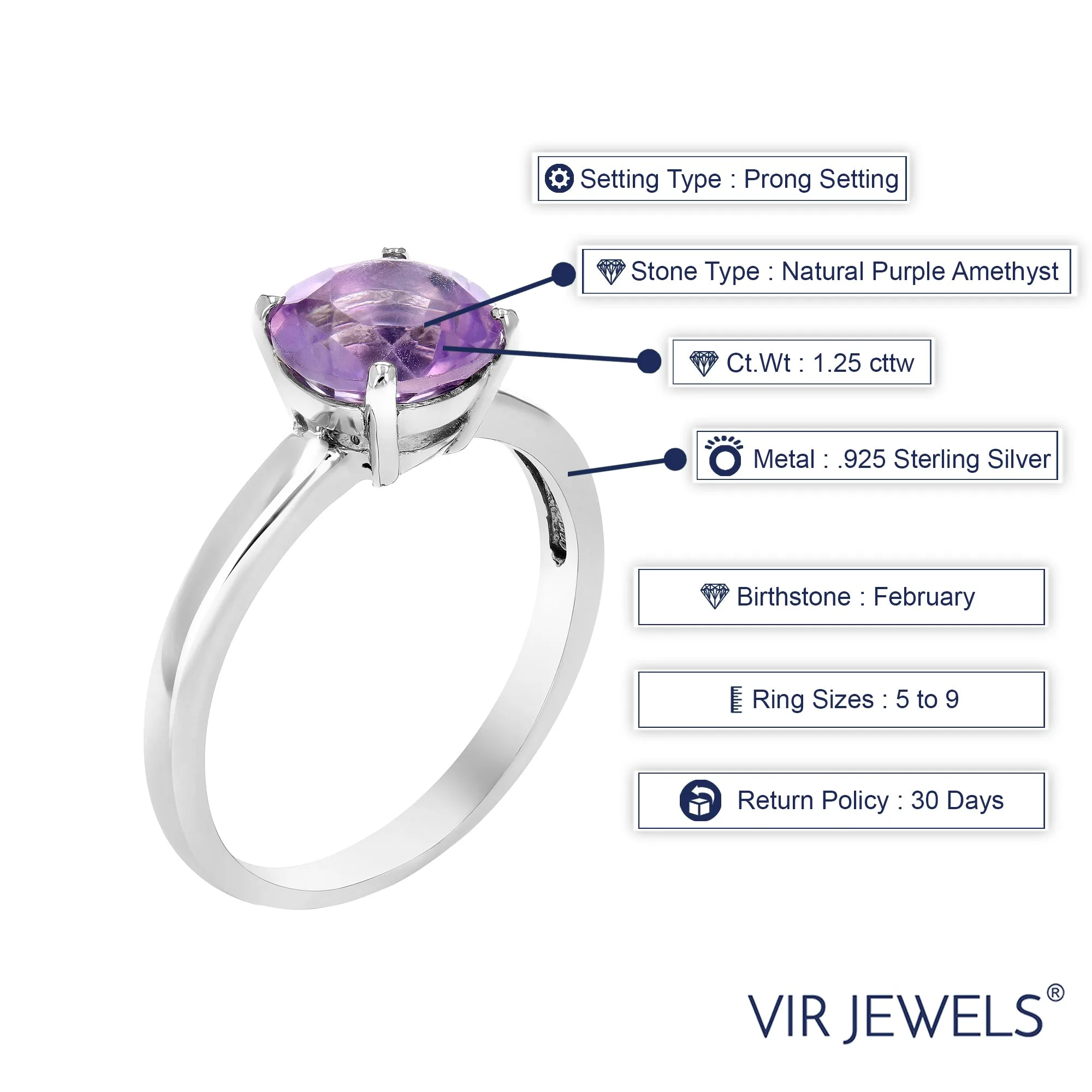1.25 cttw Purple Amethyst Ring .925 Sterling Silver with Rhodium Round 8 MM