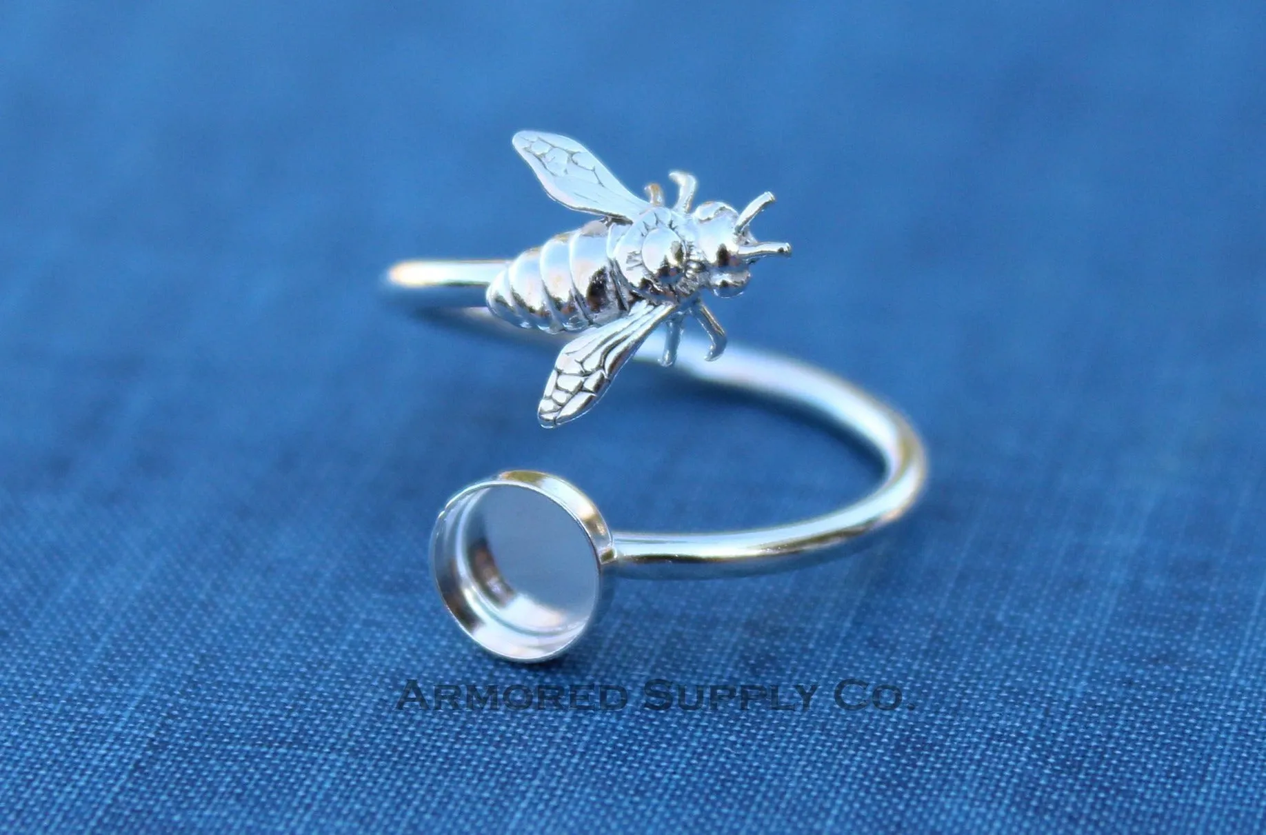12mm Bezel Silver Honey Bee Wrap Bypass Adjustable Ring blank
