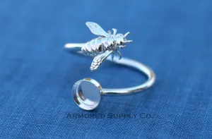 12mm Bezel Silver Honey Bee Wrap Bypass Adjustable Ring blank