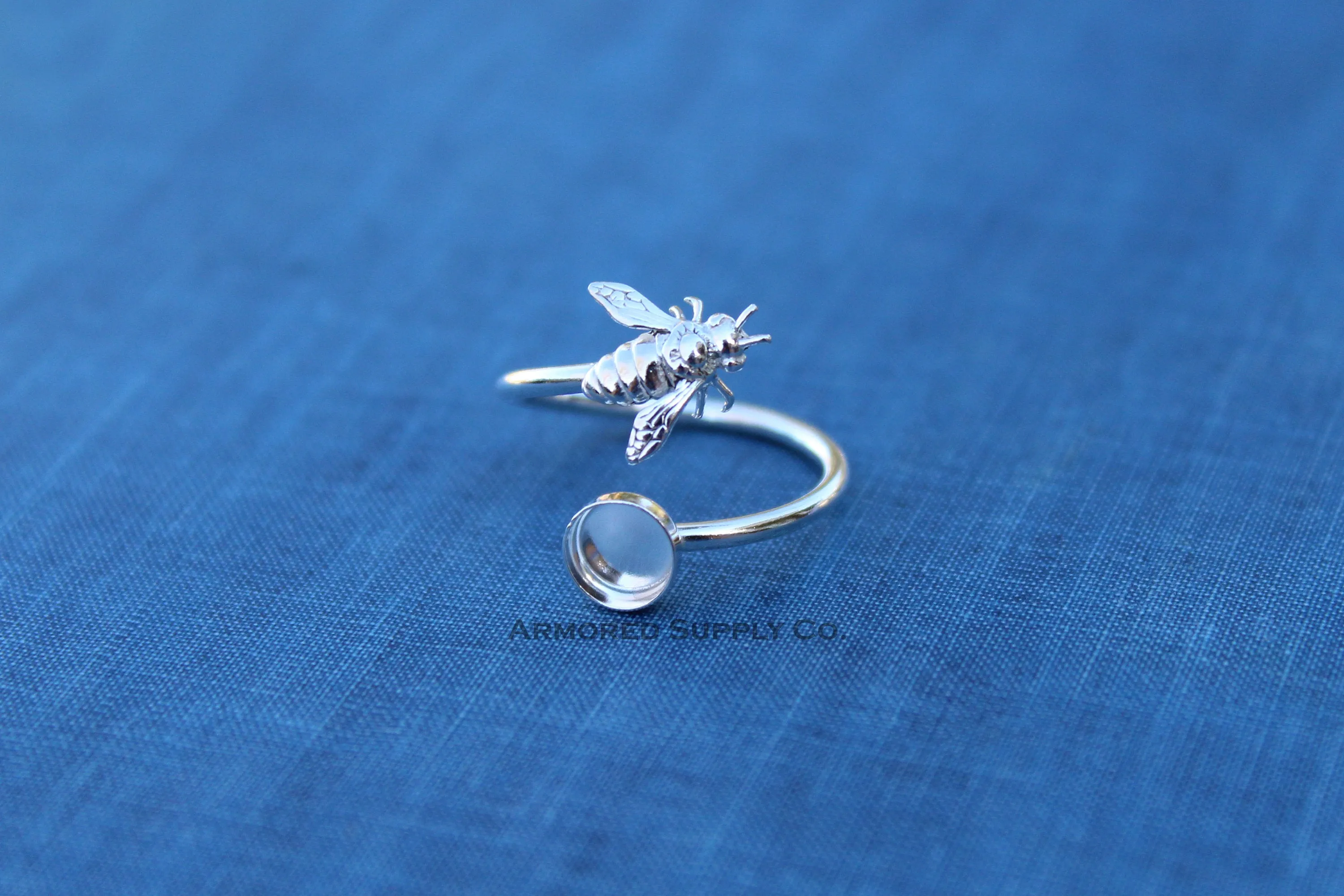 12mm Bezel Silver Honey Bee Wrap Bypass Adjustable Ring blank