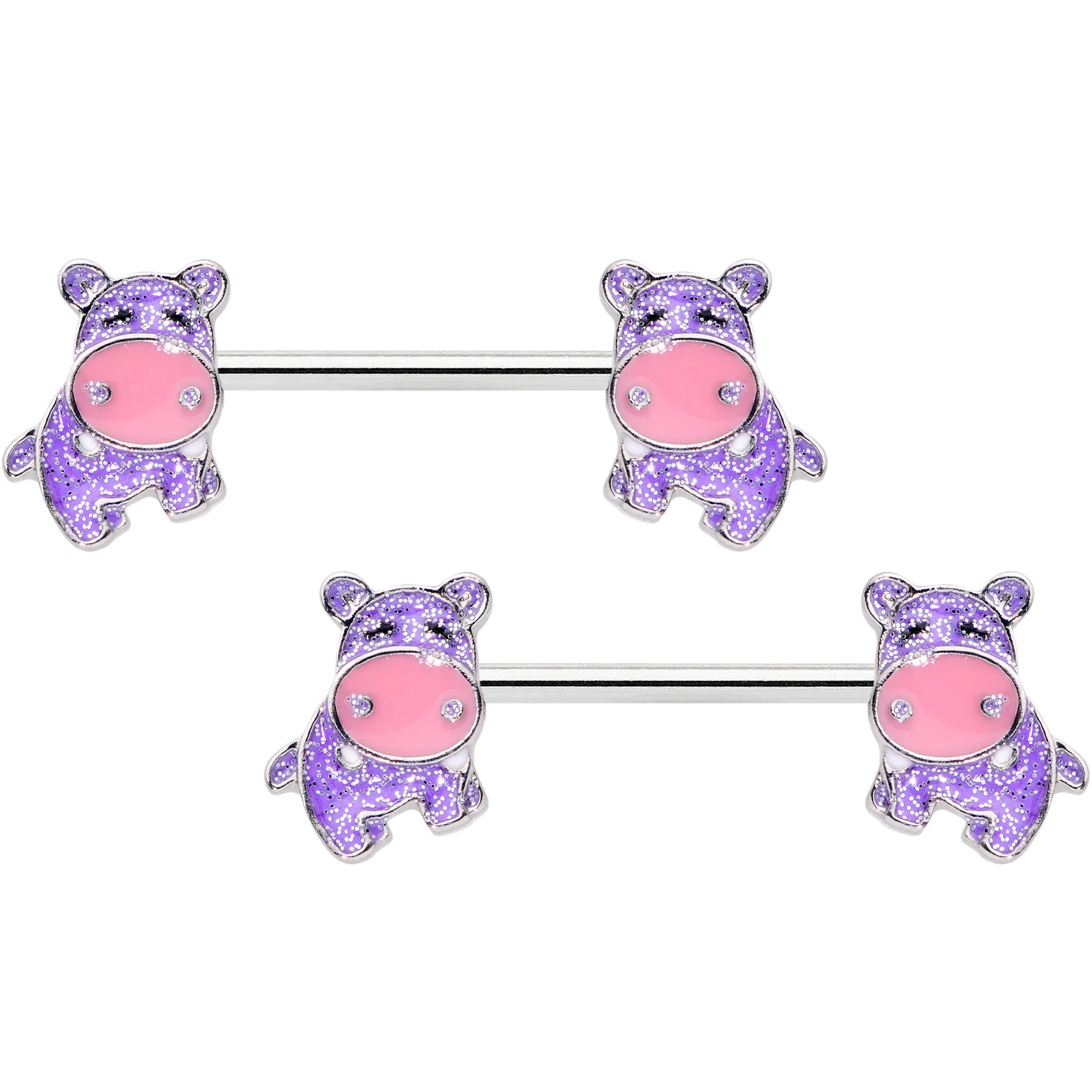 14 Gauge 9/16 Happy Purple Hippo Barbell Nipple Ring Set