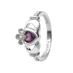 14K Gold Claddagh February Birthstone Ring Genuine Amethyst and Diamonds - 14L90AY