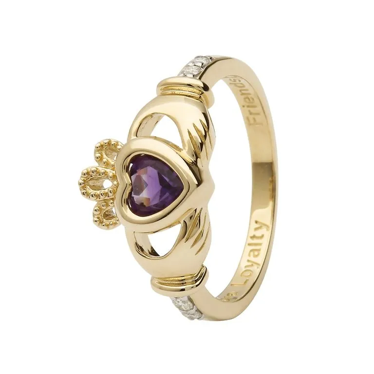 14K Gold Claddagh February Birthstone Ring Genuine Amethyst and Diamonds - 14L90AY