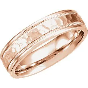 14K Rose 6 mm Half Round Band with Milgrain & Hammer Finish Size 10.5