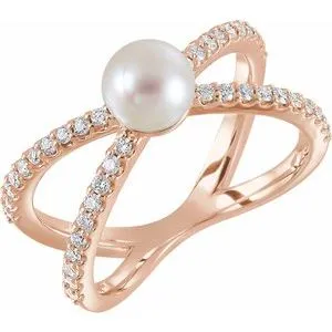 14K Rose Freshwater Cultured Pearl & 1/3 CTW Diamond Ring
