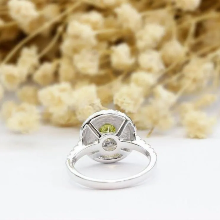14k Two Tone Gold Natural Peridot Three Halo Engagement Ring