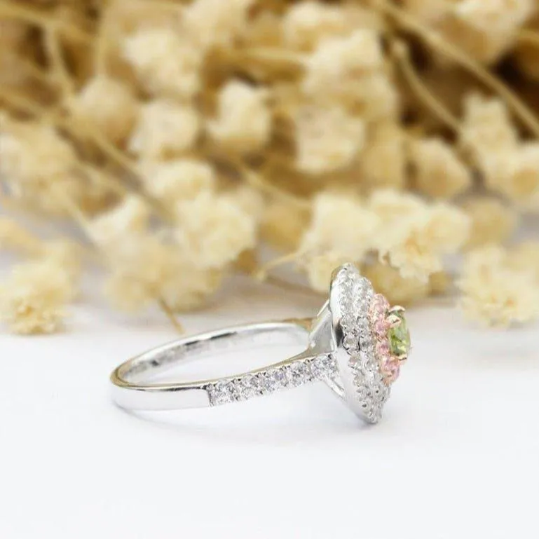 14k Two Tone Gold Natural Peridot Three Halo Engagement Ring
