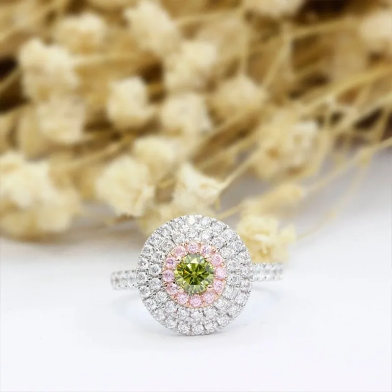 14k Two Tone Gold Natural Peridot Three Halo Engagement Ring