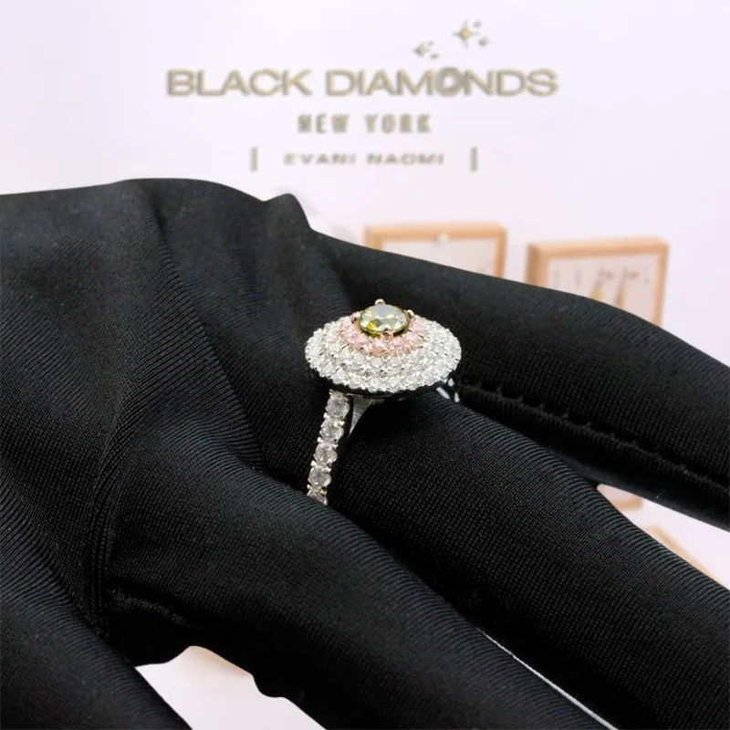 14k Two Tone Gold Natural Peridot Three Halo Engagement Ring