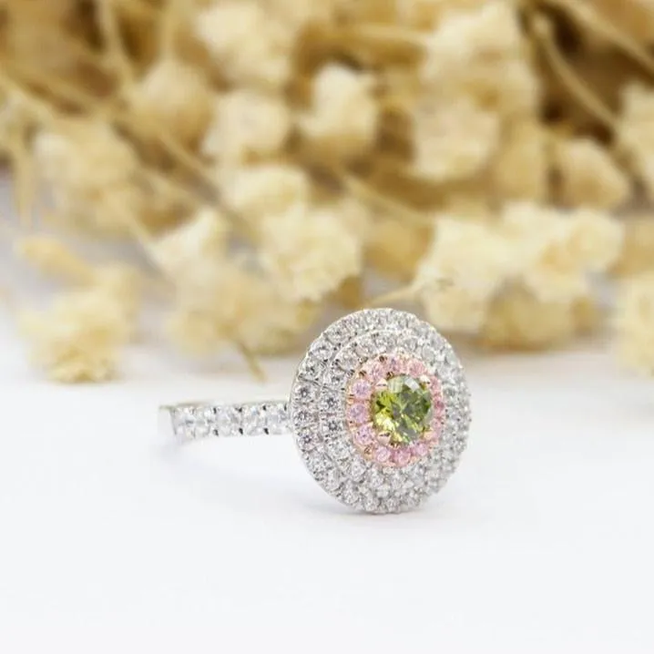 14k Two Tone Gold Natural Peridot Three Halo Engagement Ring