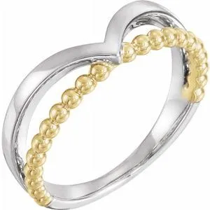 14K White & Yellow Negative Space Beaded V Ring