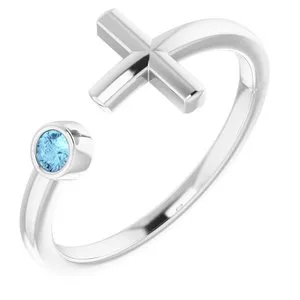 14K White Aquamarine Negative Space Cross Ring
