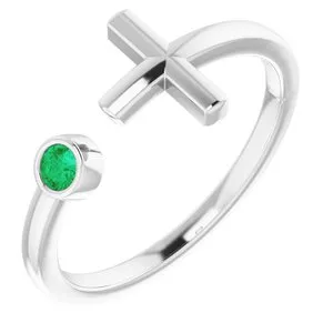 14K White Chatham® Created Emerald Negative Space Cross Ring