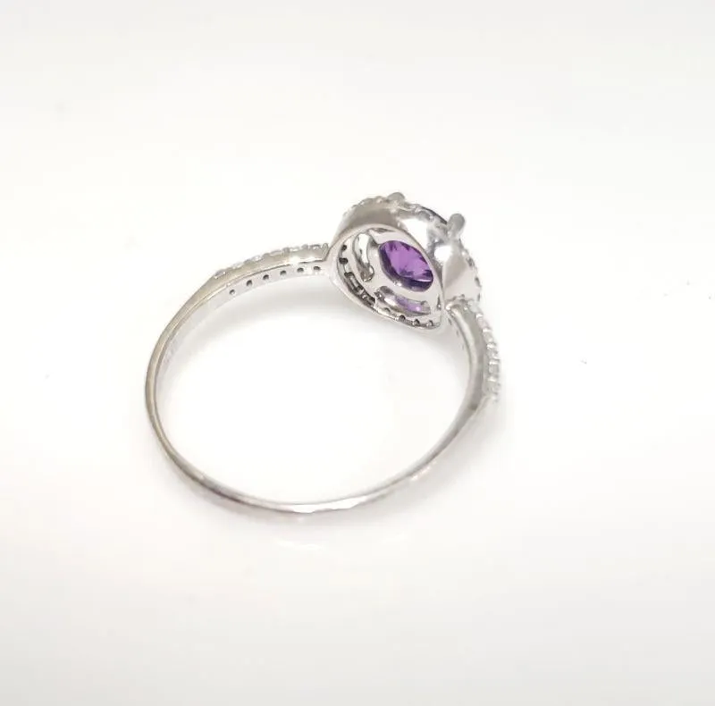 14k White Gold 6mm Round Amethyst & Diamond Halo Ring