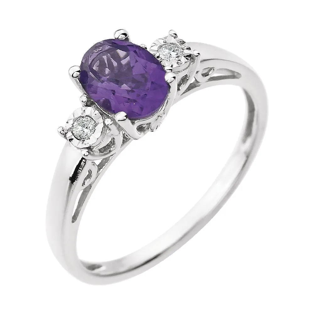 14k White Gold Amethyst & .04 CTW Diamond Ring, Size 7