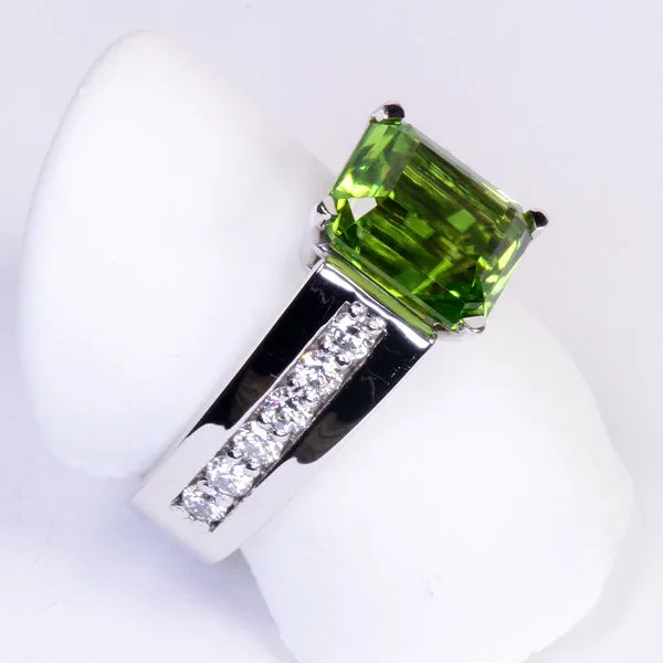 14K White Gold Barion Style Emerald Cut Peridot Ring Designed By Christopher Michael 4.40 Carat