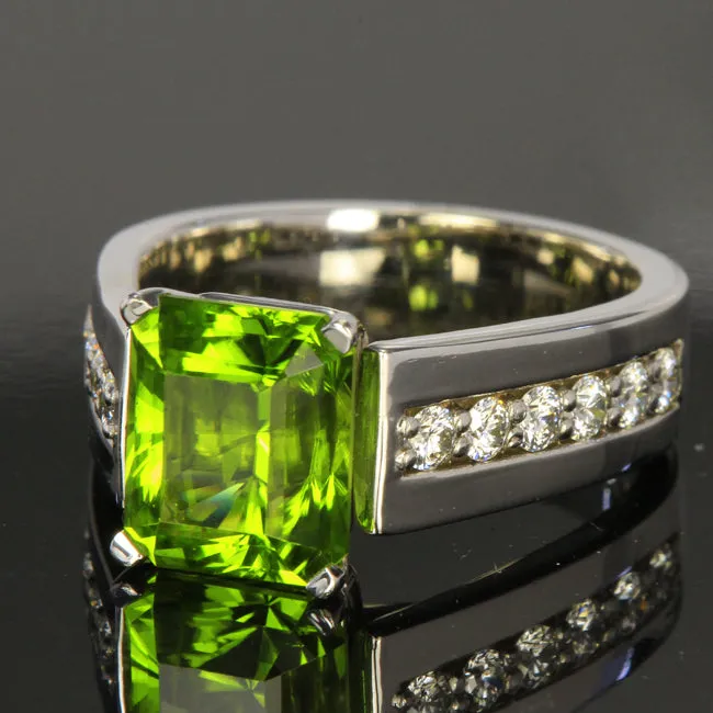 14K White Gold Barion Style Emerald Cut Peridot Ring Designed By Christopher Michael 4.40 Carat