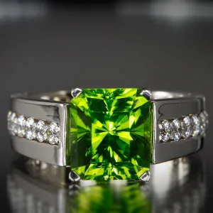 14K White Gold Barion Style Emerald Cut Peridot Ring Designed By Christopher Michael 4.40 Carat