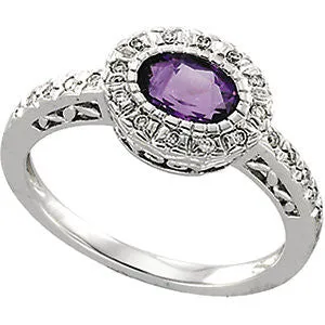 14k White Gold Horizontal Amethyst & Diamond Halo-Style Ring, Size 6