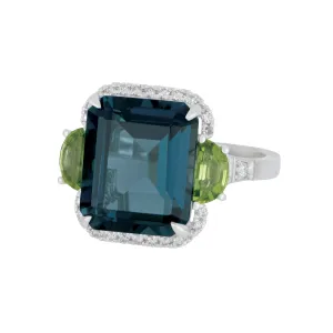 14k White Gold London Blue Topaz, Peridot and Diamond Ring size 6.5, LBT= 6.30ct PER=0.60tw D=0.26tw GH/ SI supports Captain's for Clean Water