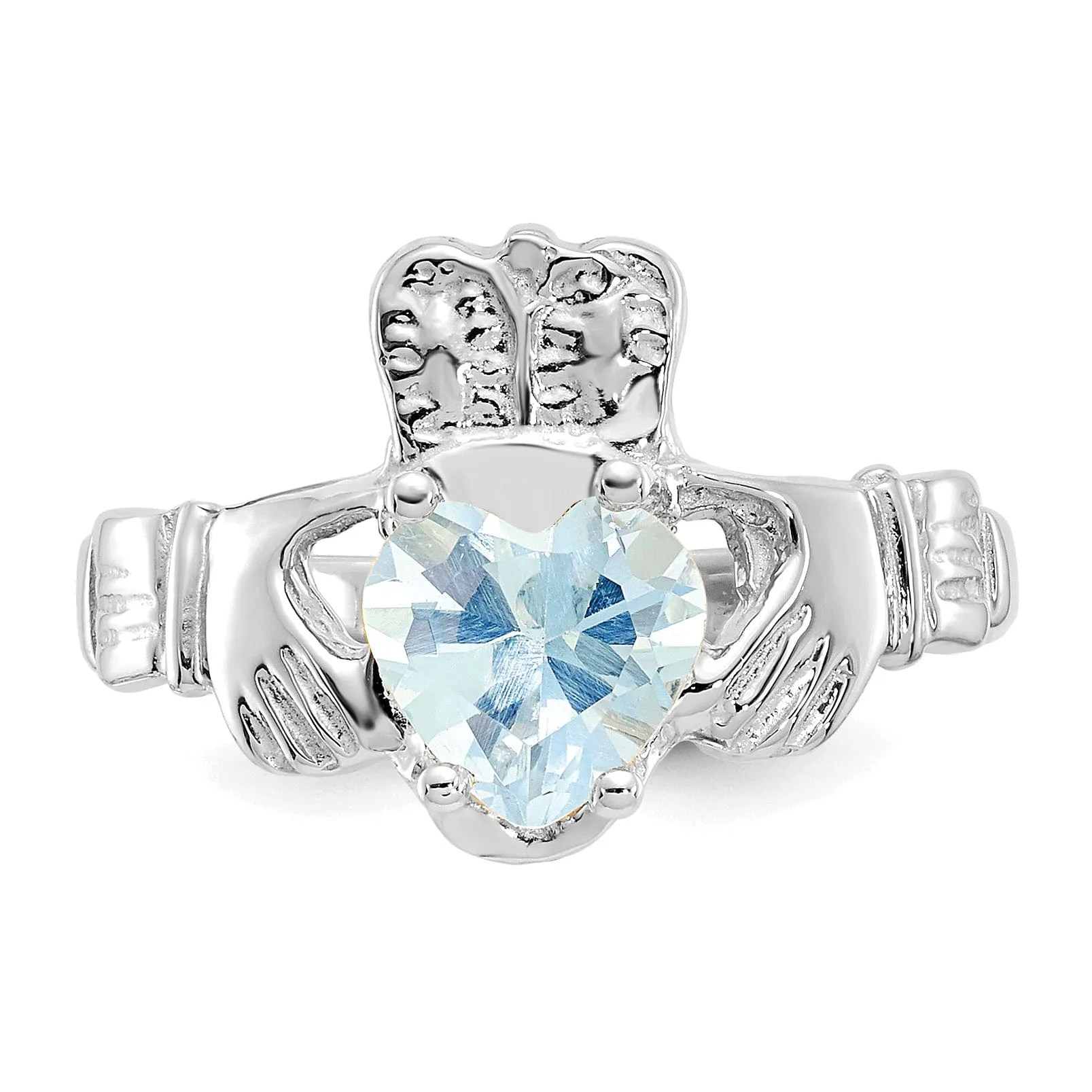 14k White Gold March Birthstone Claddagh Ring