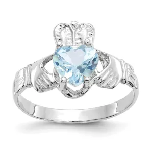 14k White Gold March Birthstone Claddagh Ring