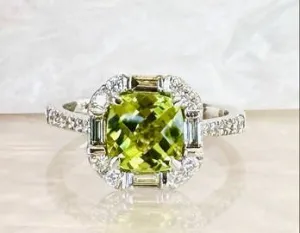 14k White Gold Peridot and Diamond Ring