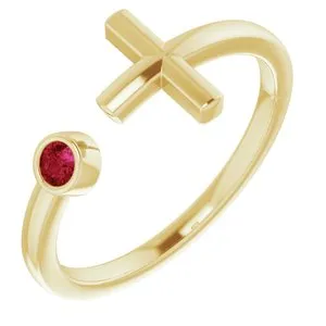 14K Yellow Chatham® Created Ruby Negative Space Cross Ring