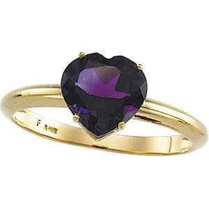 14k Yellow Gold Heart-Shaped Genuine Amethyst Ring, Size 6