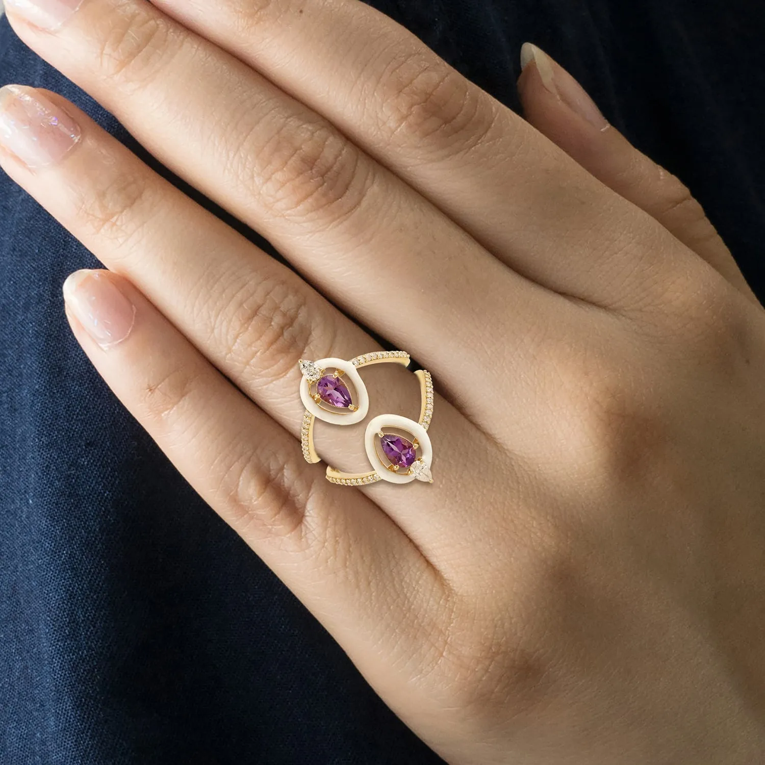 14k Yellow Gold Micro Pave Diamond & Amethyst Designer Cocktail Ring Enamel Jewelry