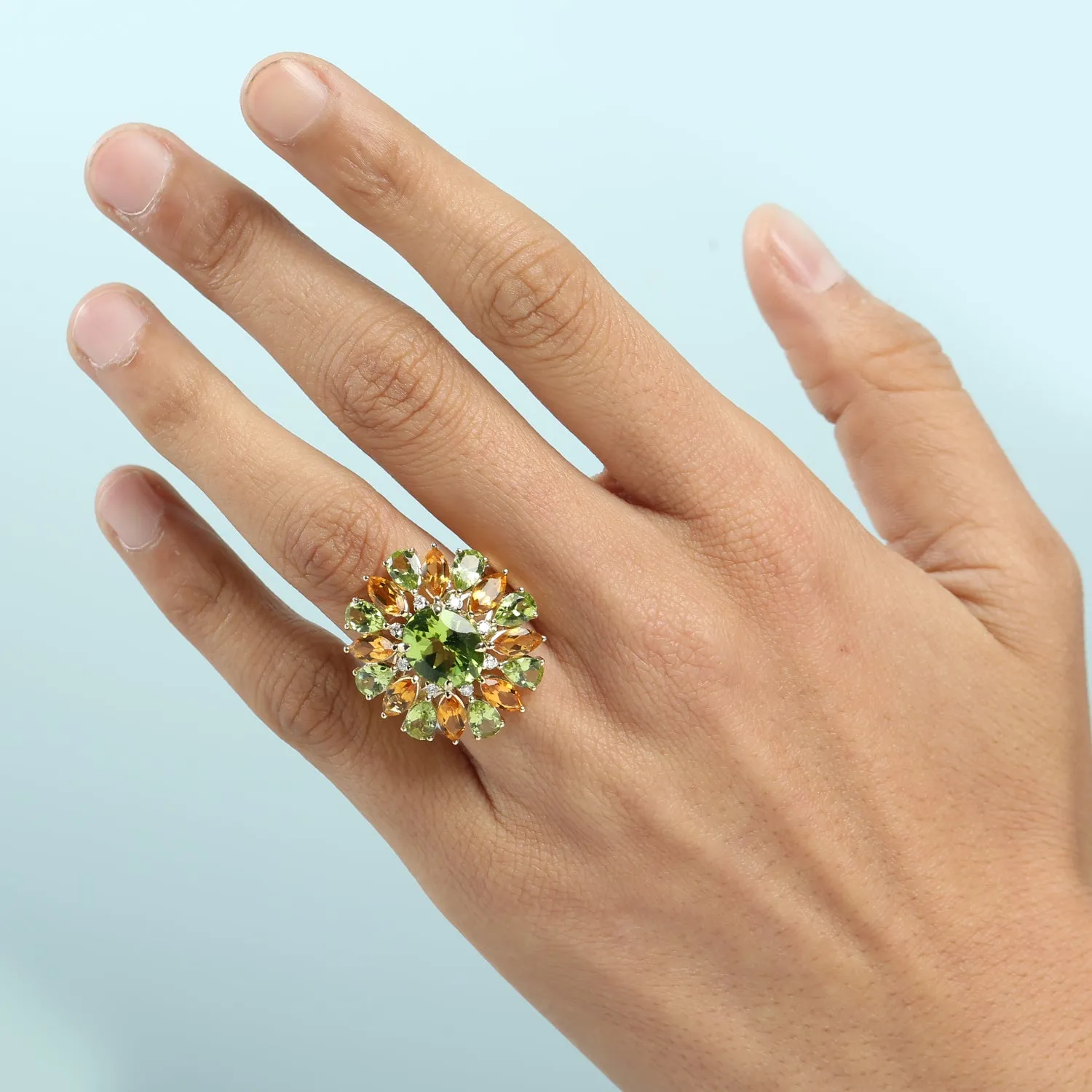 14K Yellow Gold Pear Cut Peridot Marquise Cut Citrine Pave Diamond Cocktail Ring