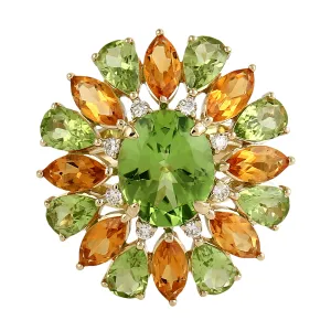 14K Yellow Gold Pear Cut Peridot Marquise Cut Citrine Pave Diamond Cocktail Ring