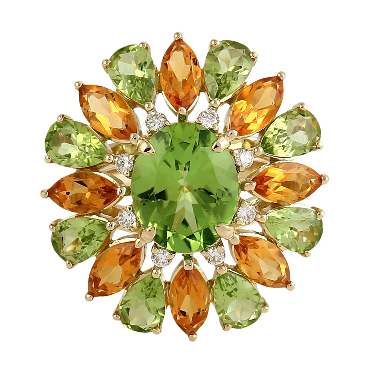 14K Yellow Gold Pear Cut Peridot Marquise Cut Citrine Pave Diamond Cocktail Ring