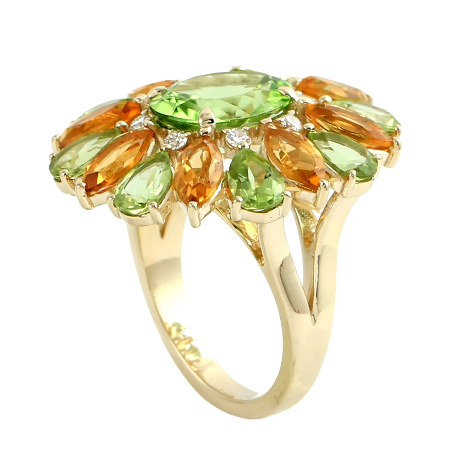 14K Yellow Gold Pear Cut Peridot Marquise Cut Citrine Pave Diamond Cocktail Ring