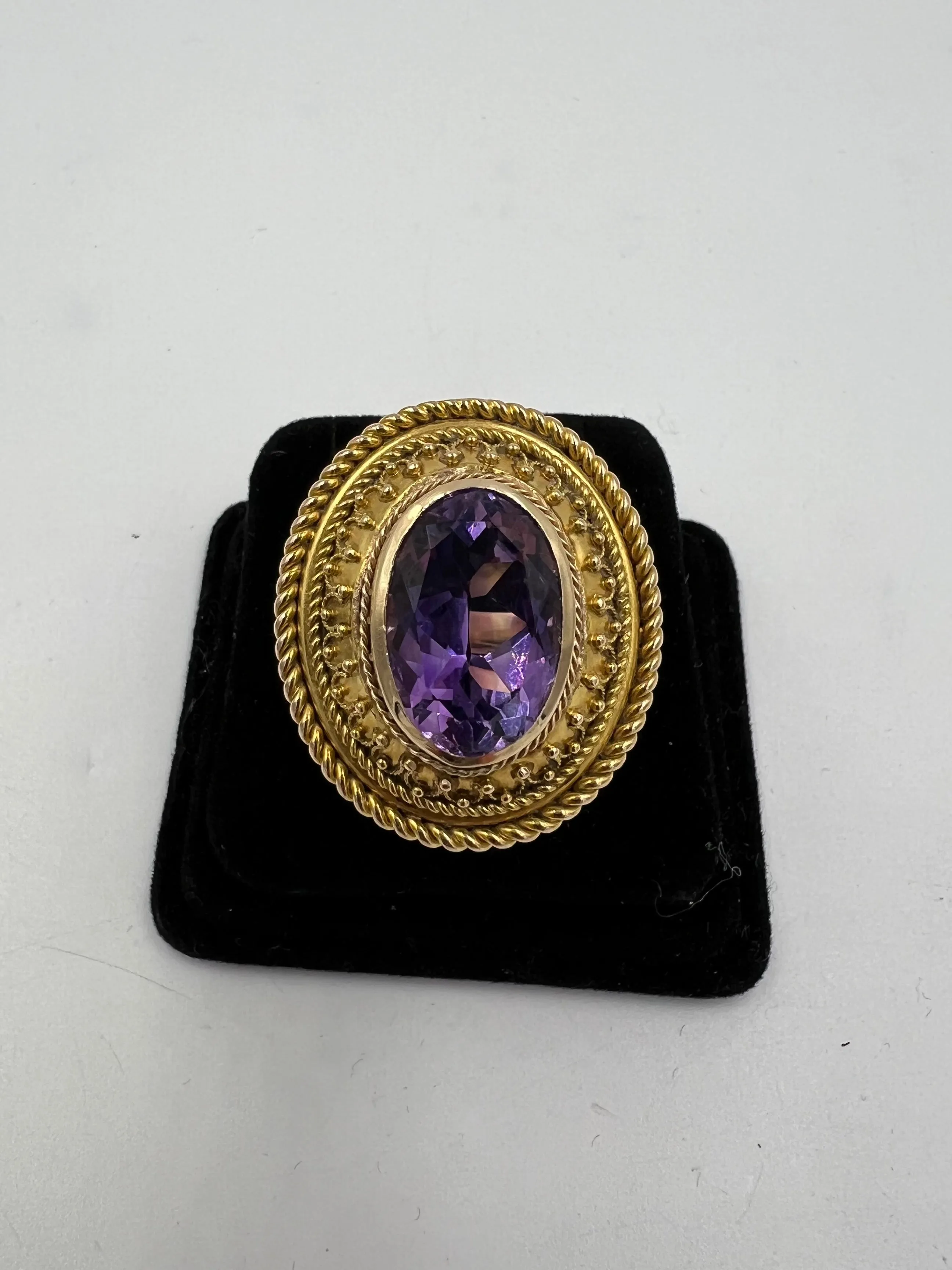 1880s Victorian Etruscan Revival Amethyst 14k Gold Ring