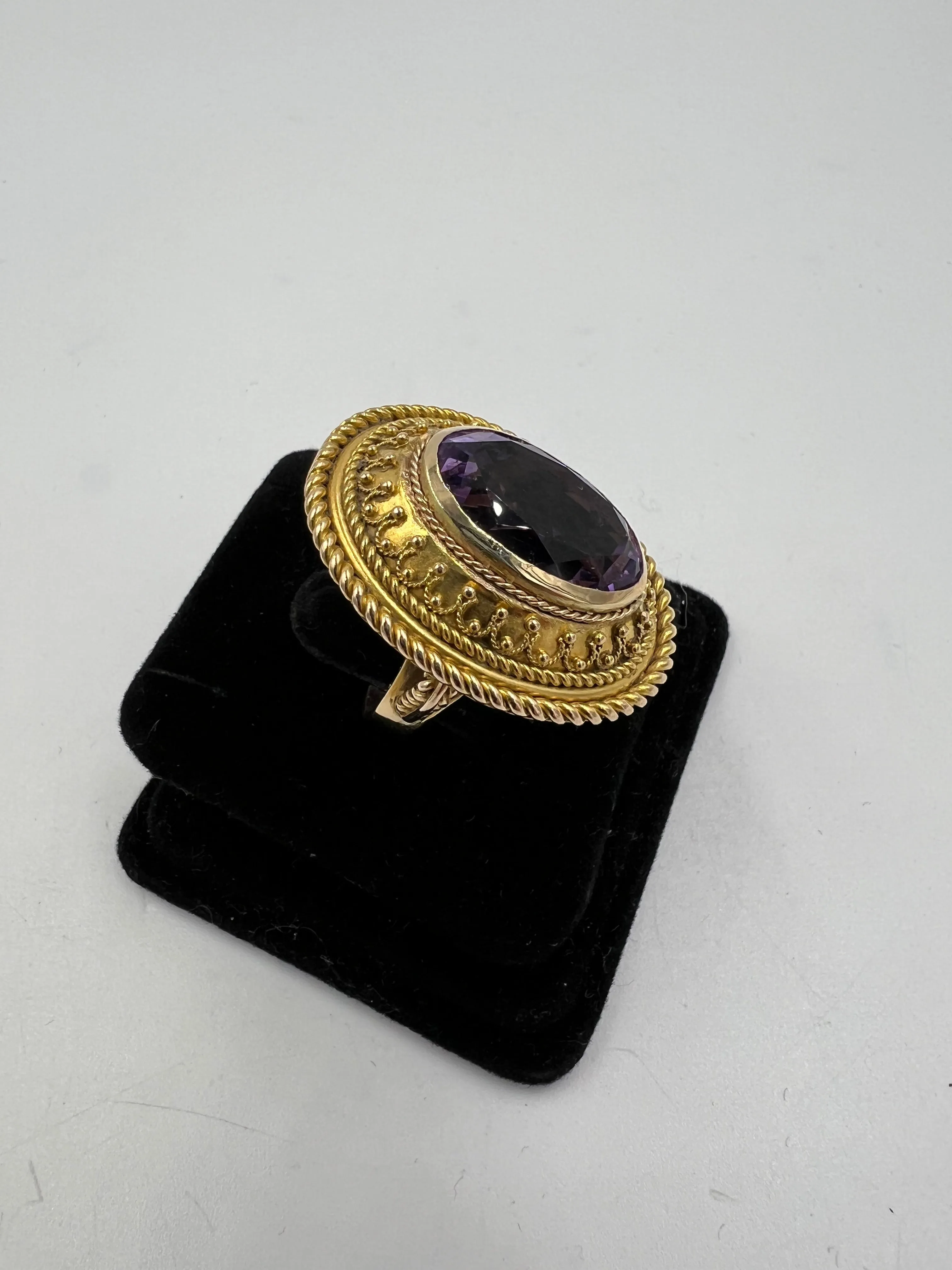 1880s Victorian Etruscan Revival Amethyst 14k Gold Ring