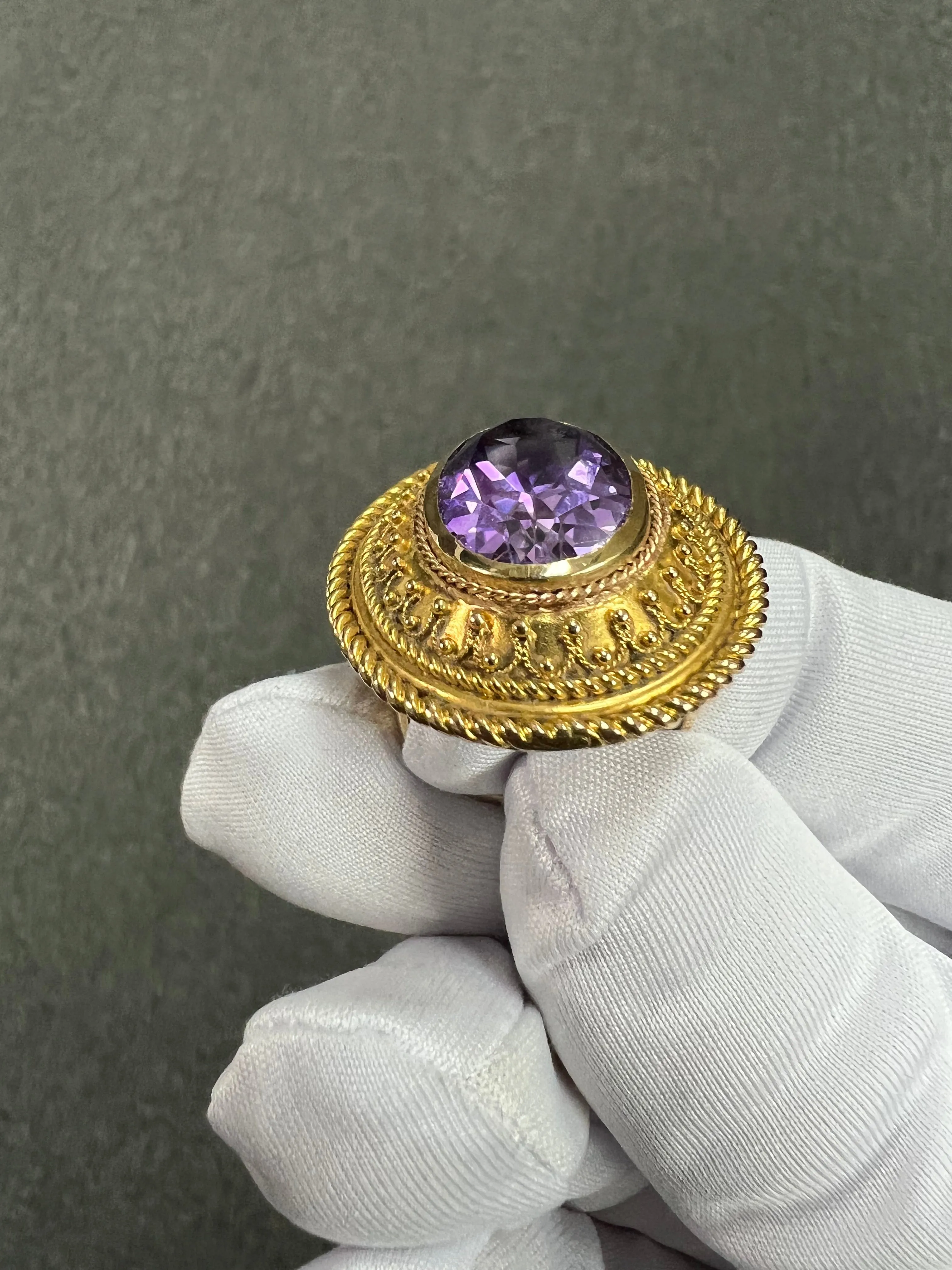 1880s Victorian Etruscan Revival Amethyst 14k Gold Ring