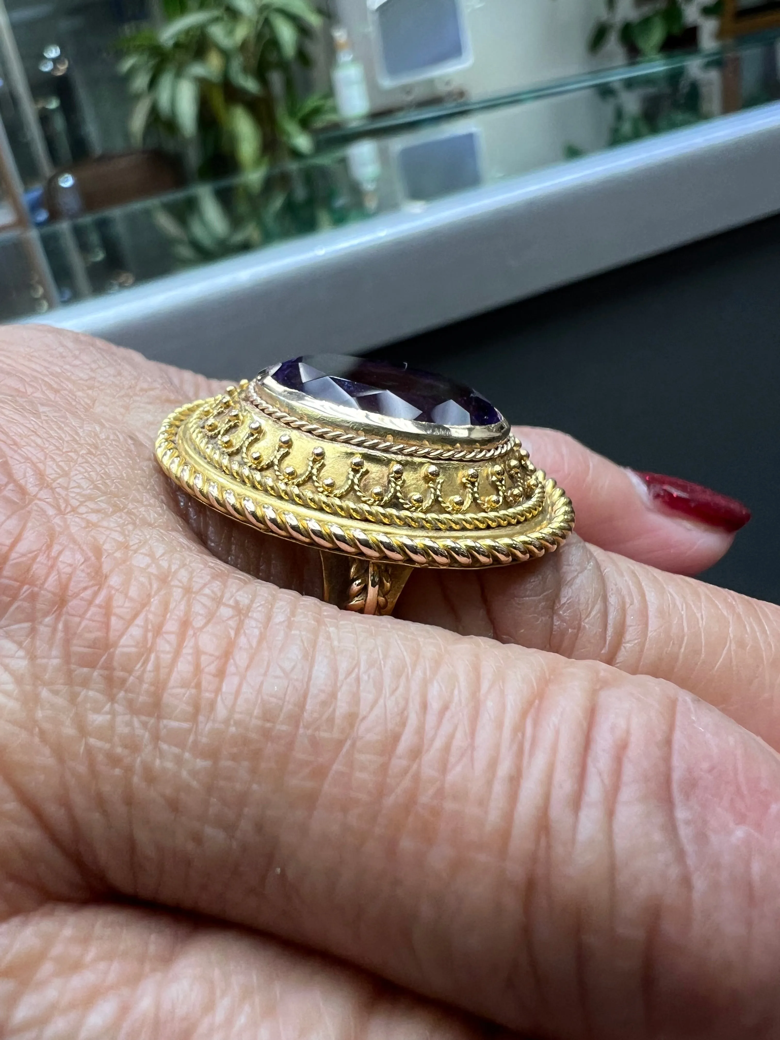 1880s Victorian Etruscan Revival Amethyst 14k Gold Ring