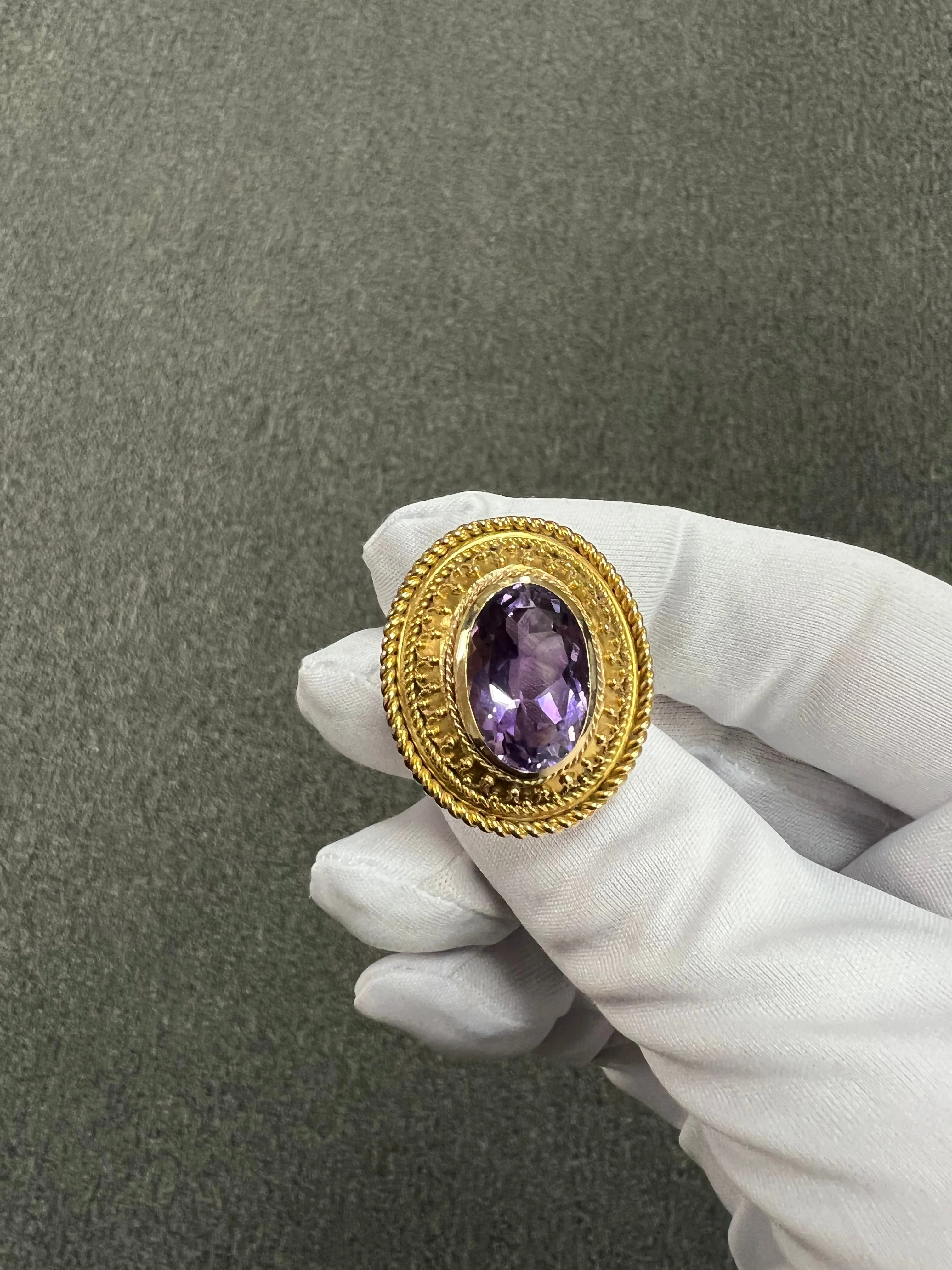 1880s Victorian Etruscan Revival Amethyst 14k Gold Ring
