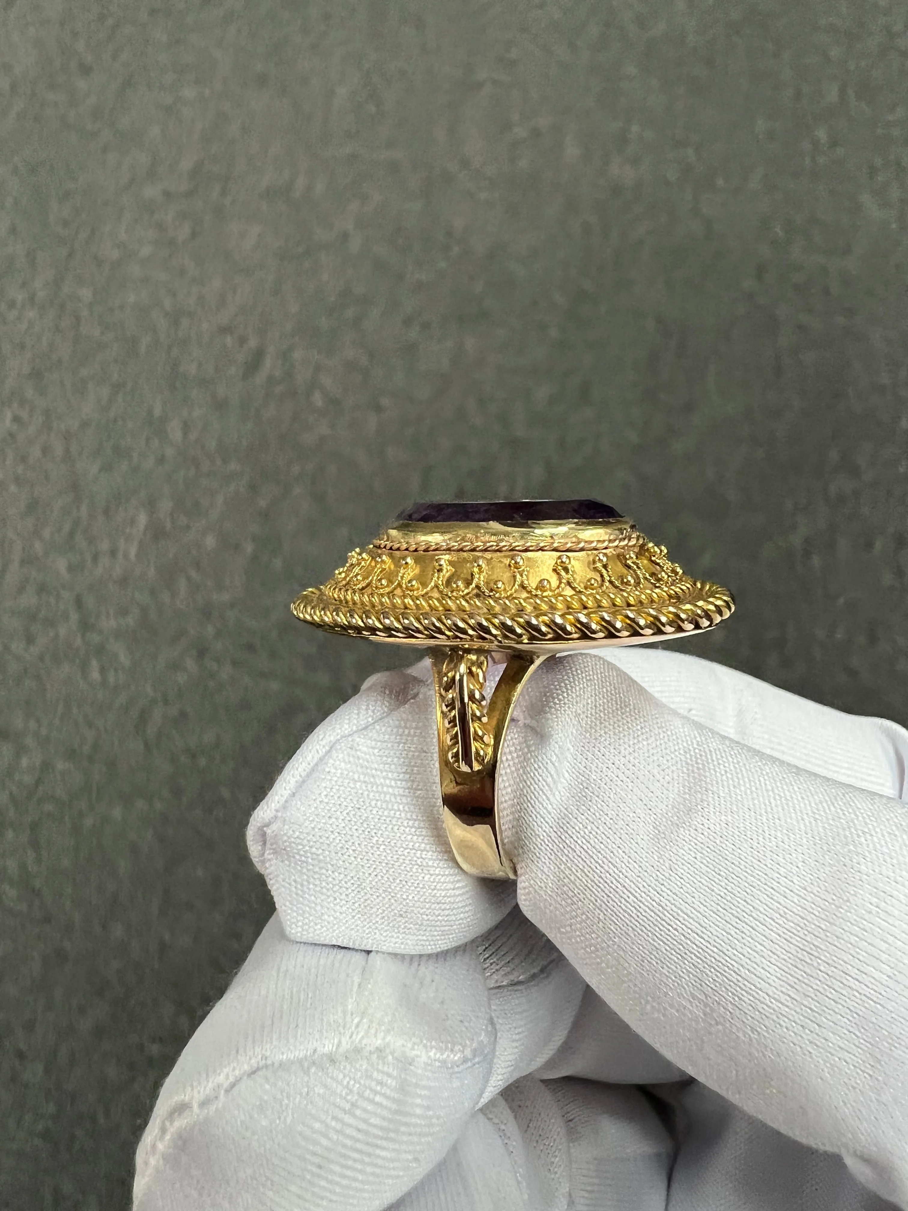 1880s Victorian Etruscan Revival Amethyst 14k Gold Ring