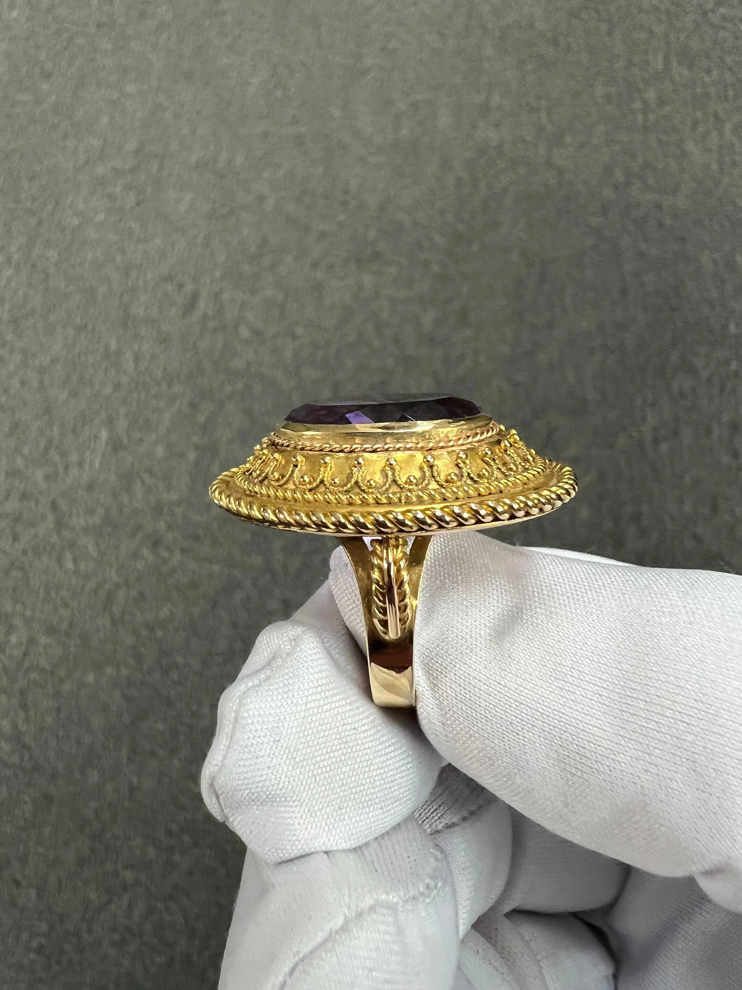 1880s Victorian Etruscan Revival Amethyst 14k Gold Ring
