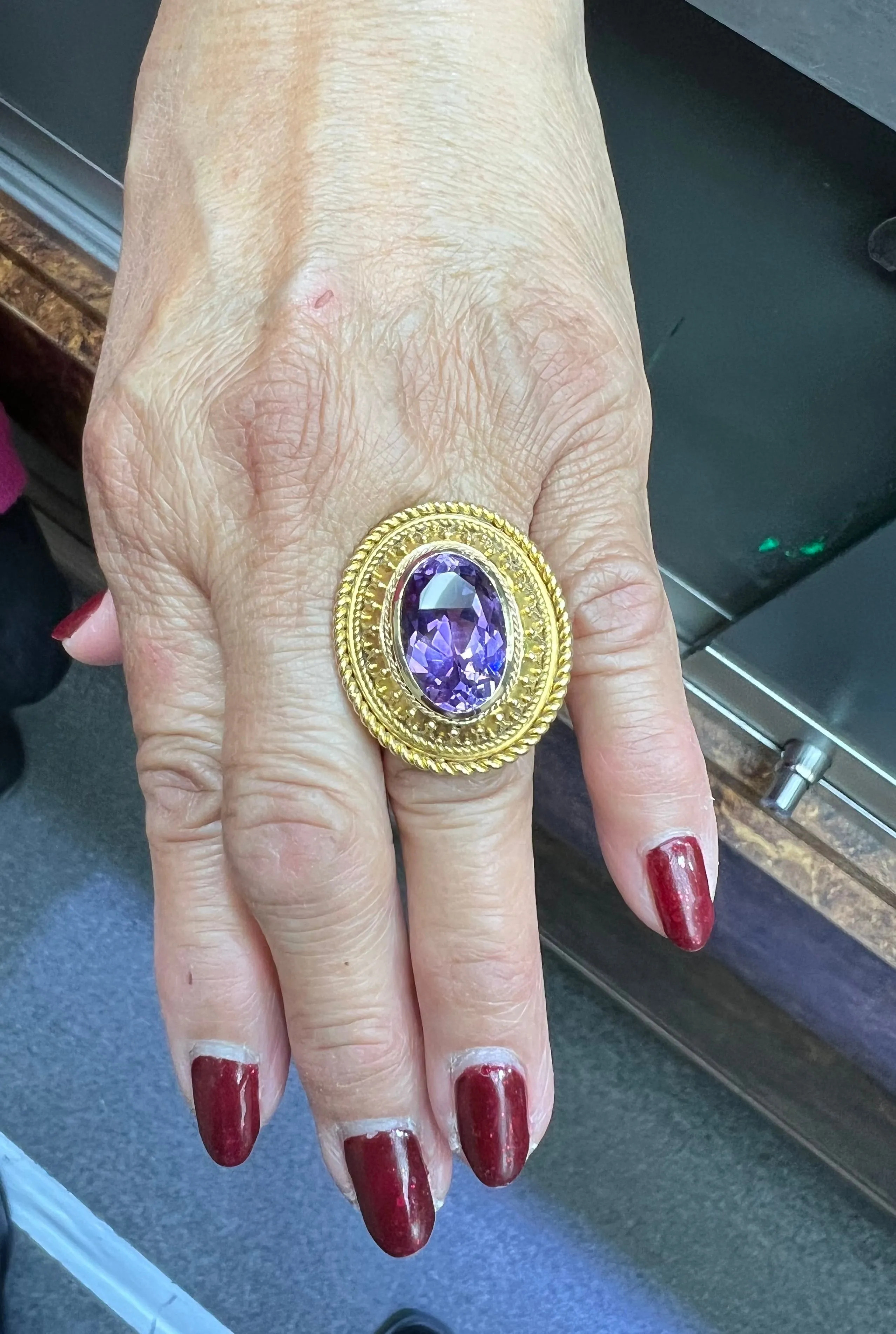 1880s Victorian Etruscan Revival Amethyst 14k Gold Ring