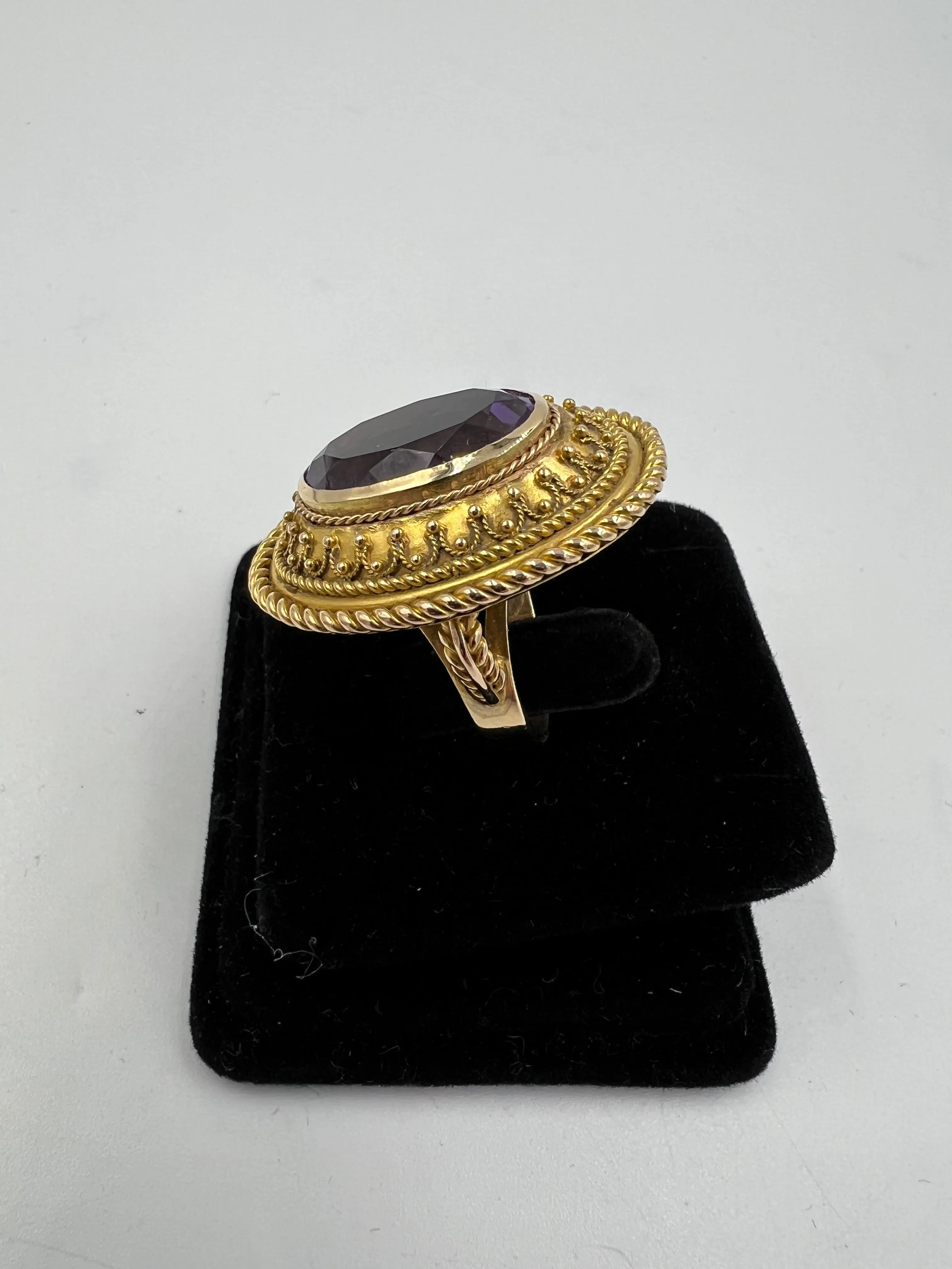 1880s Victorian Etruscan Revival Amethyst 14k Gold Ring